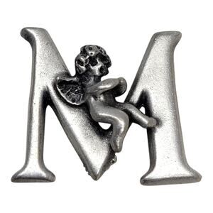 Vintage L Razza Cherub Angel Initial Letter M Brooch Pin Silver Tone Pewter